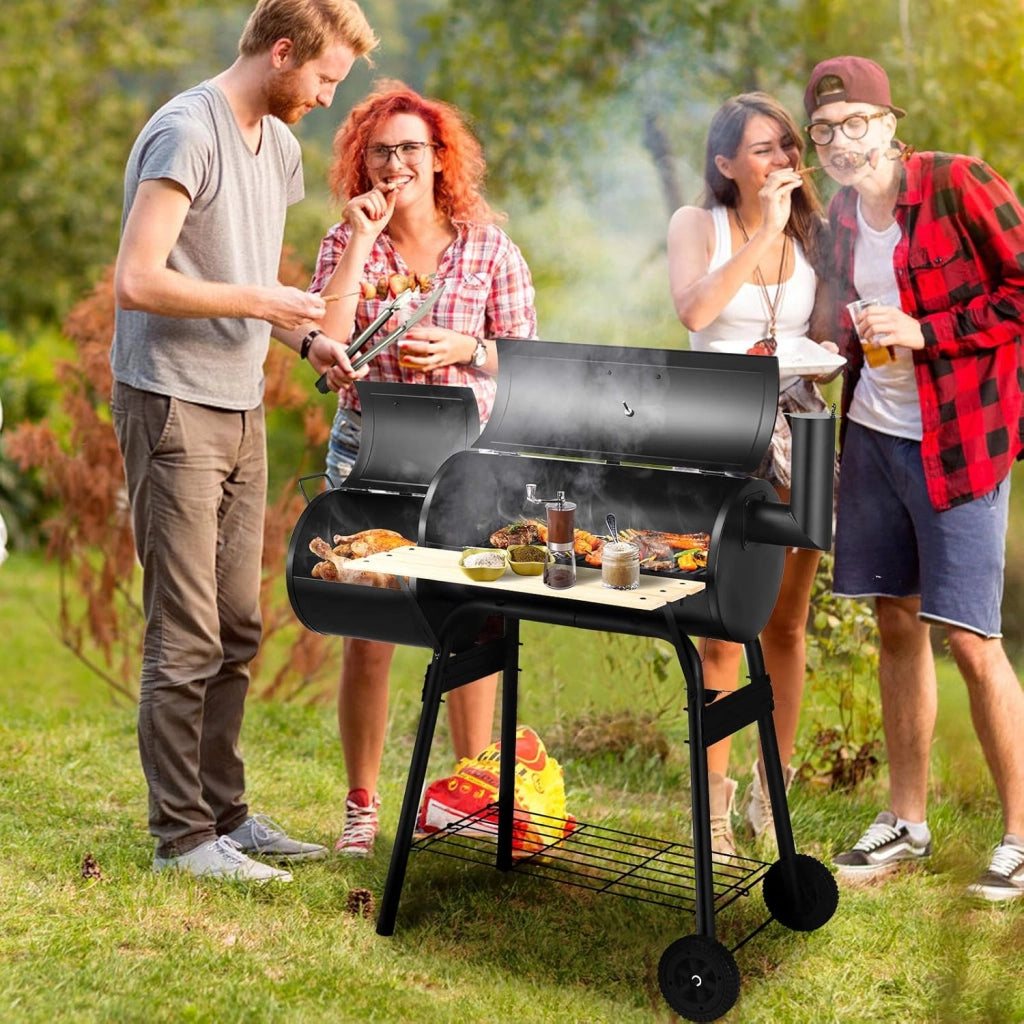 Barbecue a Carbonella in Metallo con Ruote e 2 Fornelli, Carrello per barbecue a carbonella per Esterno con Termometro, Affumicare e Grigliare 2 in 1, 115 x 65 x 108 cm
