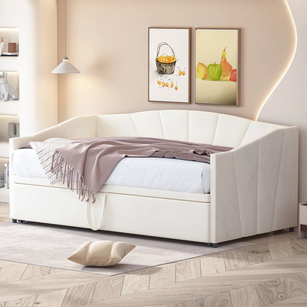Divano letto 90x200 cm Estraibile; rete in legno; velluto beige; senza materasso
