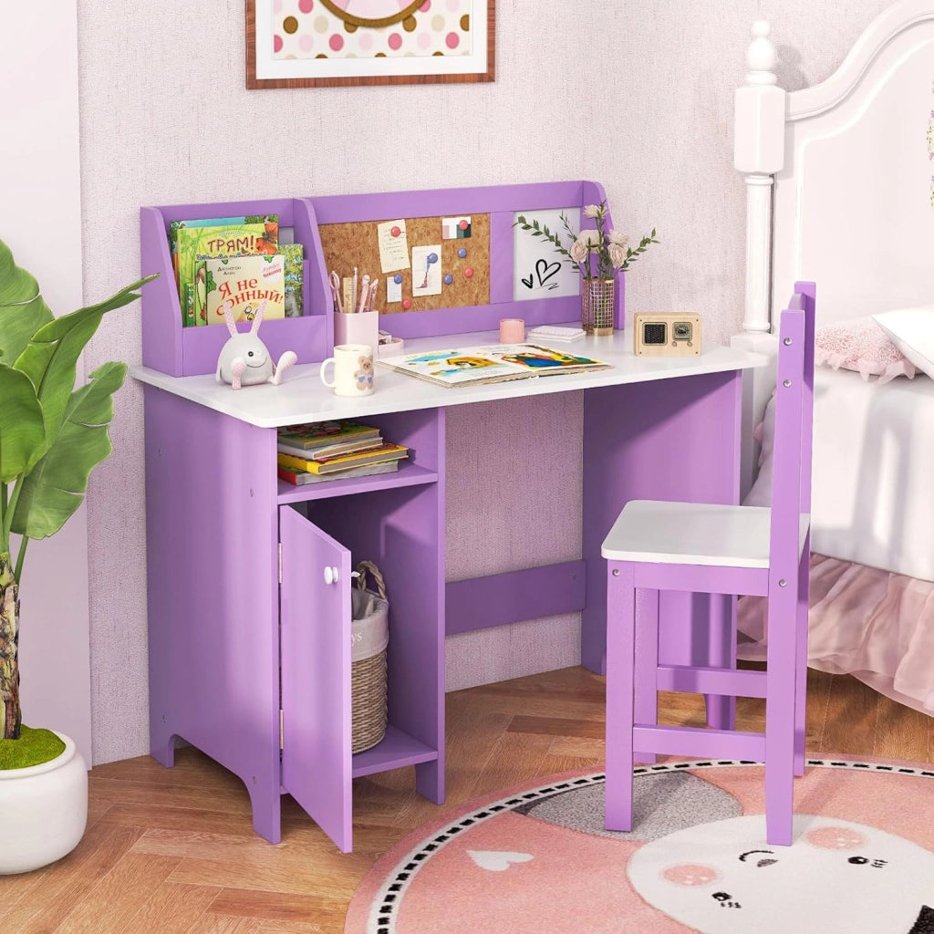 Set Scrivania e Sedia per Bambini per Studio e Lettura, Viola | Banco Scuola con Sedia Ergonomica, Lavagna Bianca, Pennarello, Armadietto e Bacheca, Postazione Computer per Cameretta Studio
