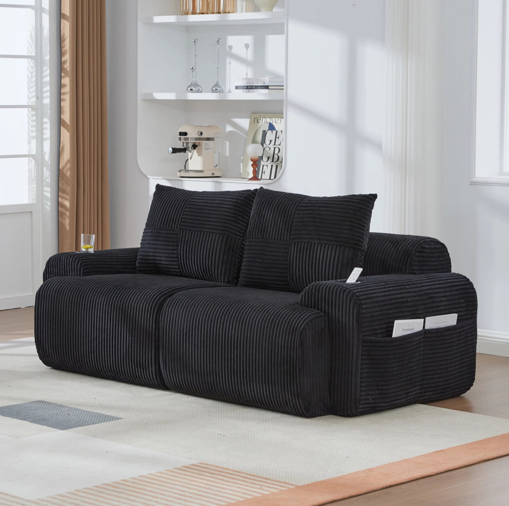 Divano modulare a 2 posti in tessuto corduroy nero; con portabicchiere e tasca laterale; 200 cm