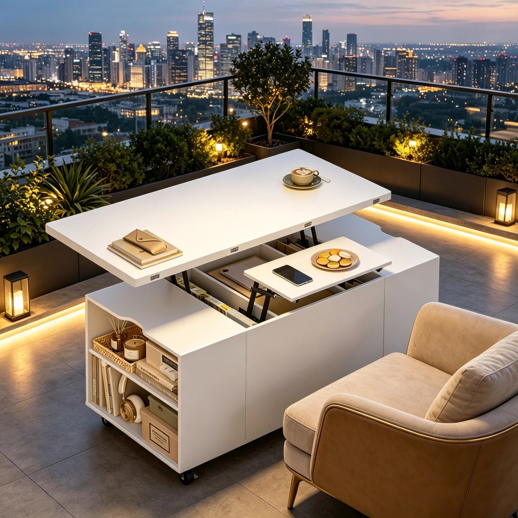 Tavolino basso sollevabile con 1 cassetto, vani aperti e ruote bloccabili, per soggiorno, in metallo e legno, bianco