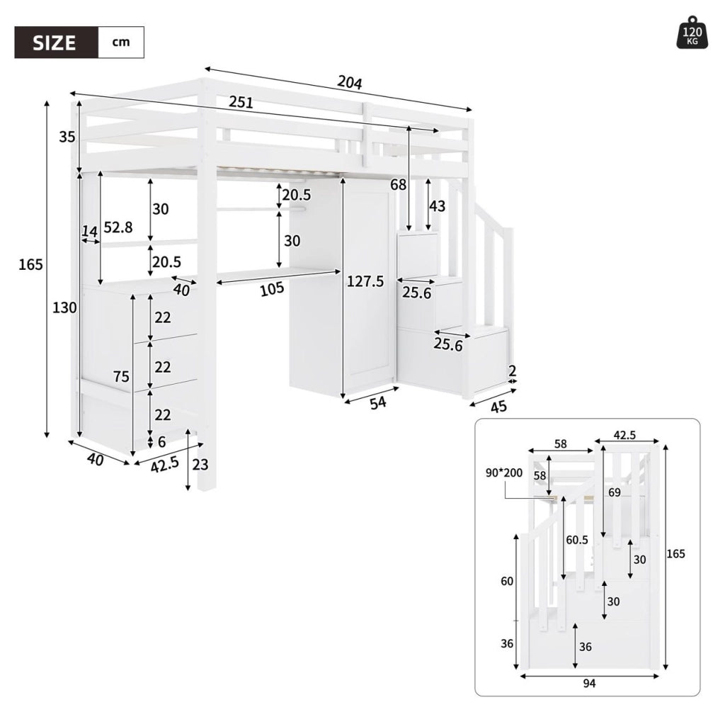 Letto a castello multifunzionale con scrivania e armadio 90x200 cm; bianco; in legno massello e MDF