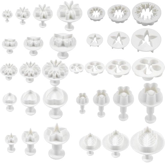 Set di stampi per biscotti (33 pezzi), set di biscotti con estrusore, timbro, stampo, modello, attrezzo per fondant per fiori, cuore, farfalla, stella, forma di neve, set di decorazioni per torte