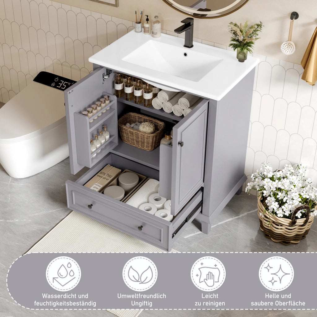 Armadietto da bagno con lavabo in ceramica, 2 ante e 1 cassetto, per bagno, in MDF e ceramica, grigio, 76 × 46 × 87 cm