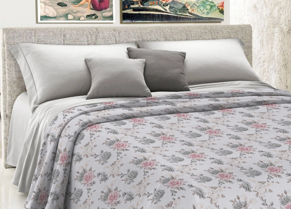 Copriletto Piquet Primavera Estate 100% Cotone Disegno Rosa Grande Floreale - Matrimoniale - Grigio