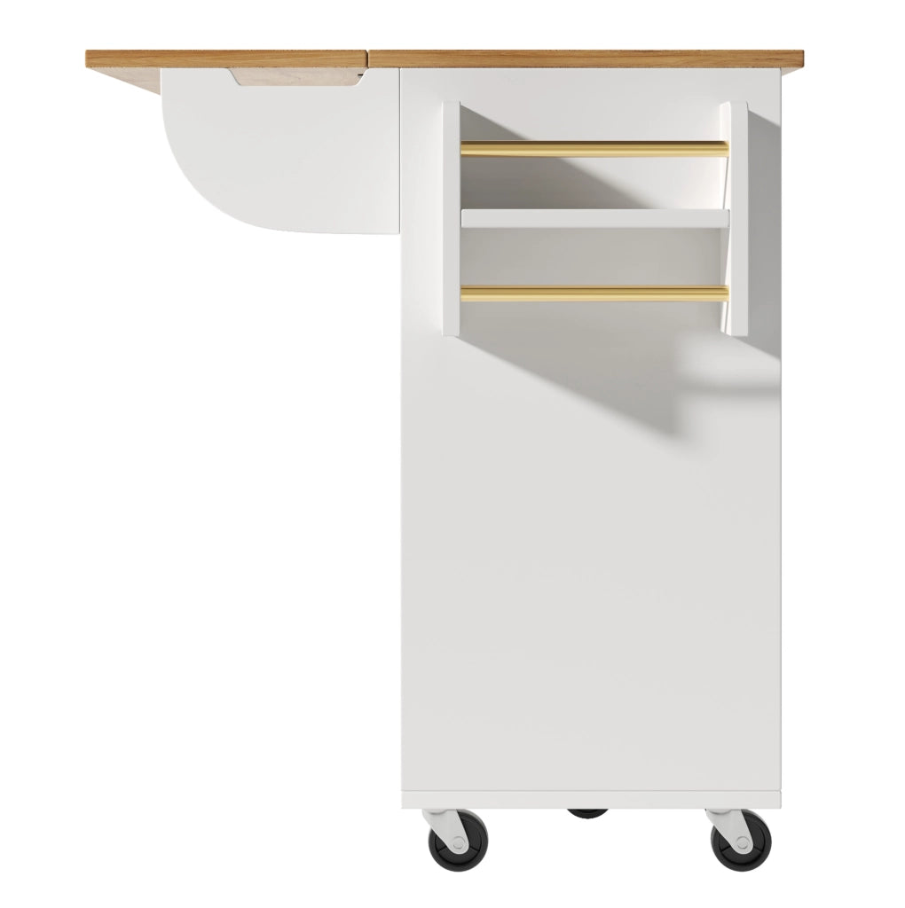 Isola cucina 146.85x70x90 cm con piano ribaltabile e ruote in MDF e metallo bianco