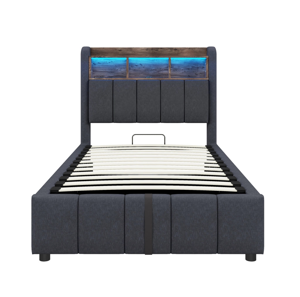 Letto singolo imbottito ULEVR 90x200 cm con contenitore idraulico, LED, USB e Type-C, grigio