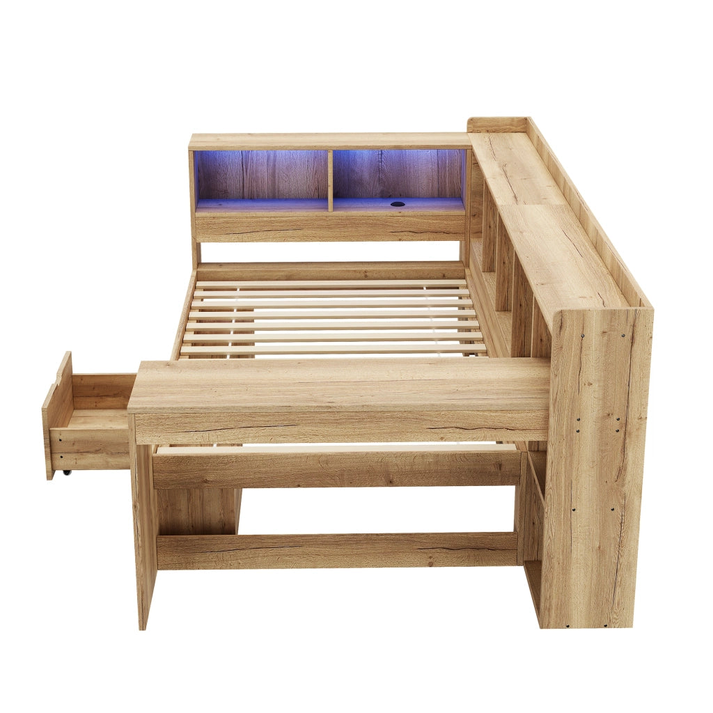 Letto Singolo con Scrivania e LED ¨C MINIMAL ¨C Legno, Contenitore, Cassetti, 90x200