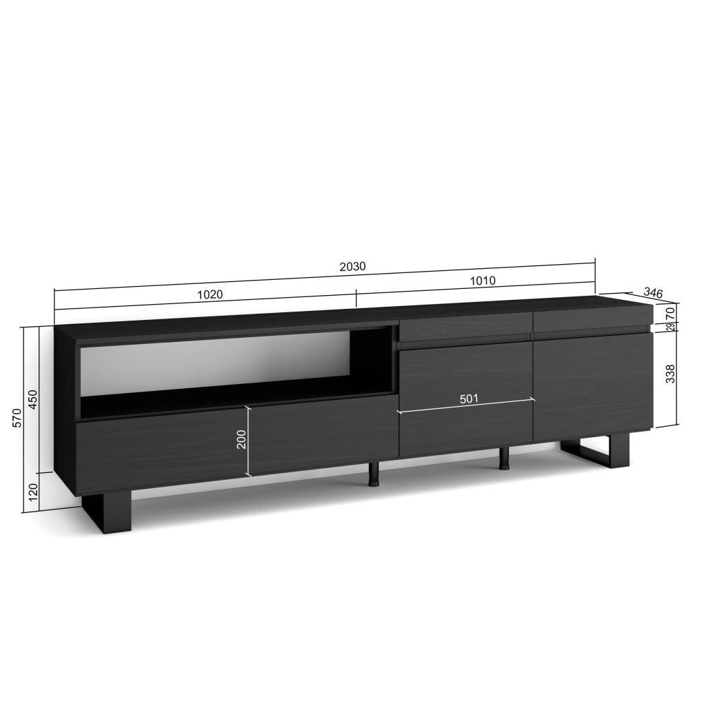 Mobile TV, 200x35x57cm, soggiorno, Per TV fino a 80", Design industriale, Nero RF2179