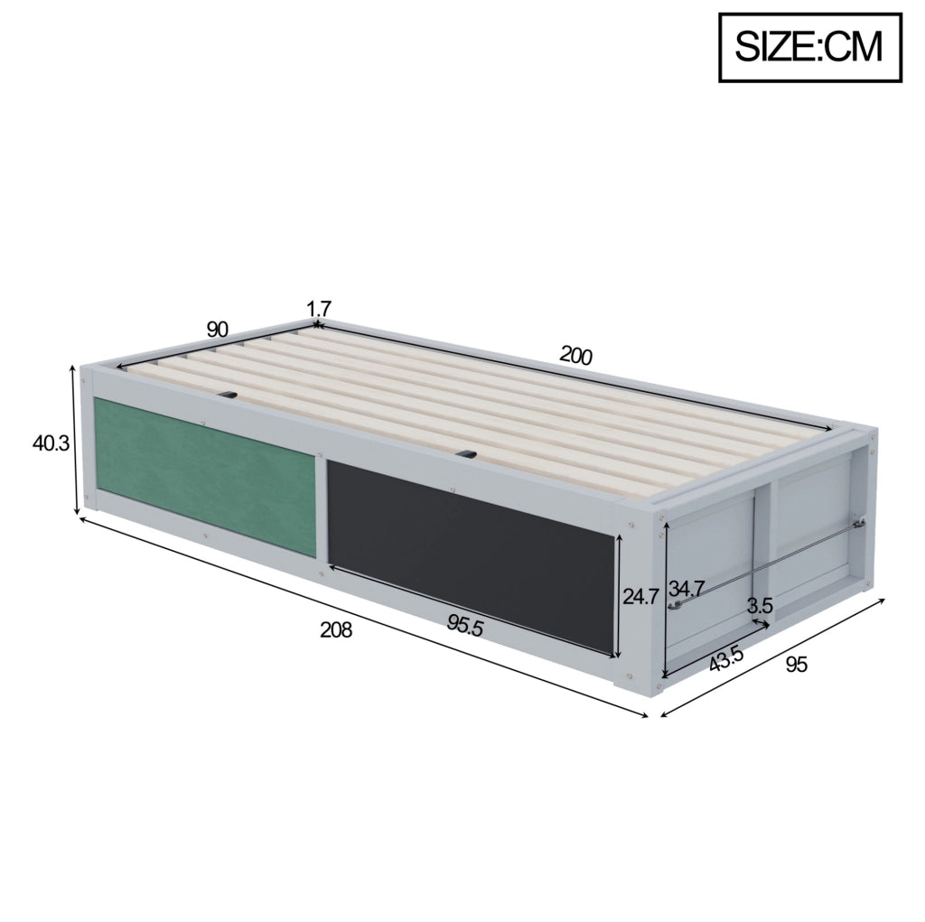 Letto bambini multifunzione 90x200 cm con contenitore idraulico; lavagna e pannello in feltro; grigio