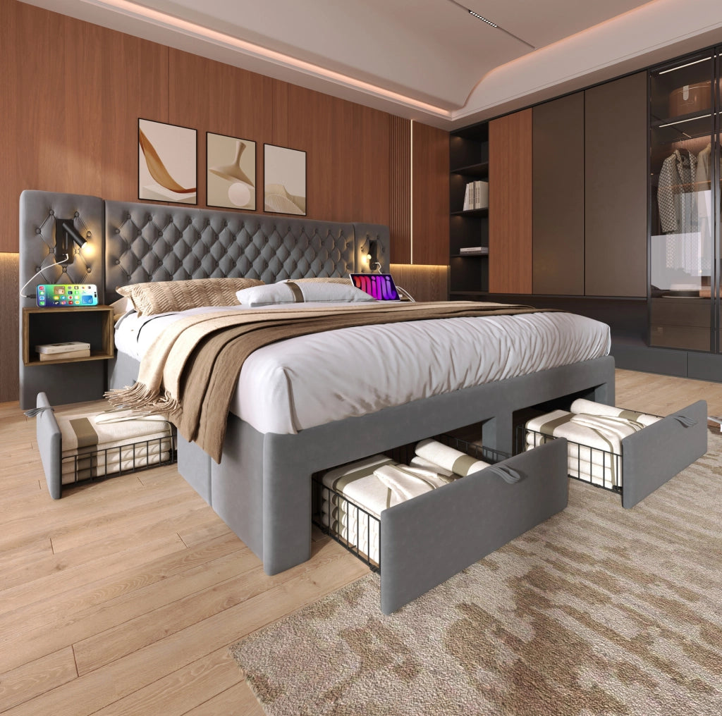 Letto matrimoniale 180x200 cm in velluto grigio con 2 comodini; 4 cassetti e luce lettura