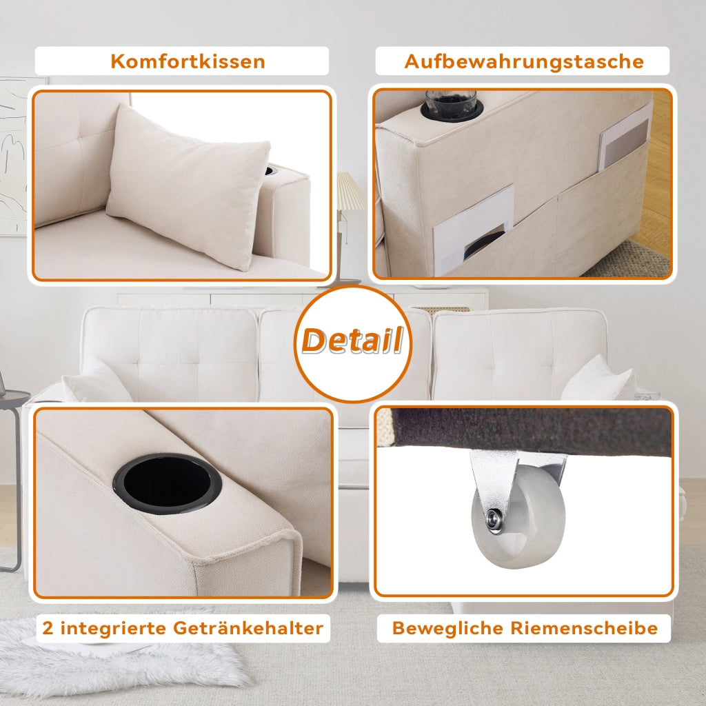 Divano Angolare Letto 3 Posti con Contenitore, Chaise Longue Reversibile, Portabicchieri, in Cotone Lino Beige