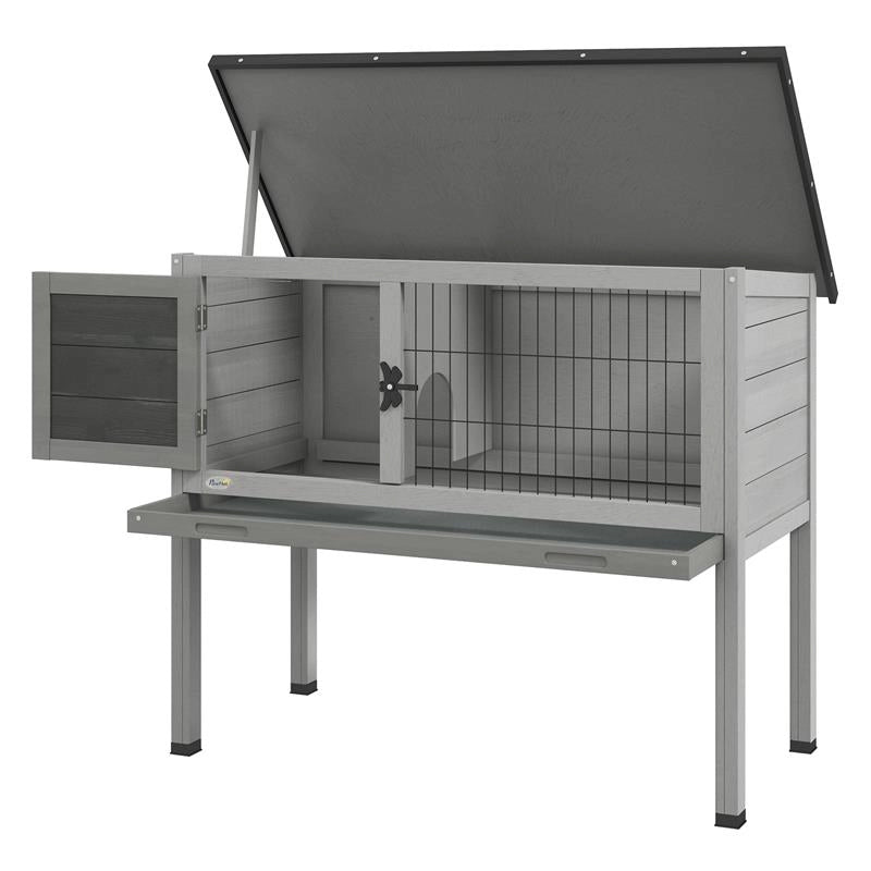 CONIGLIERA RIALZATA IN LEGNO DA ESTERNI CON TETTO APRIBILE E VASSOIO ESTRAIBILE, 84X43X70CM, GRIGIO