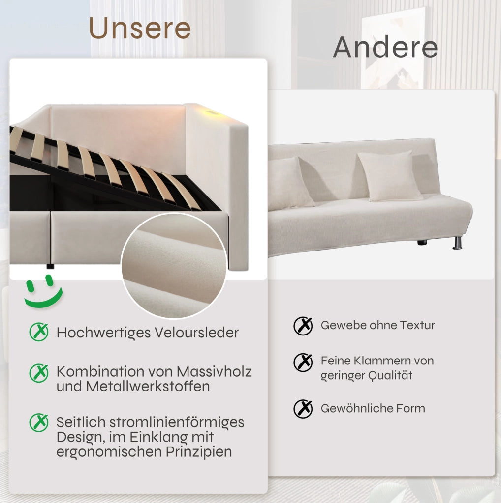 Letto daybed imbottito 90x190 cm in velluto beige con contenitore; lampada lettura e USB-C