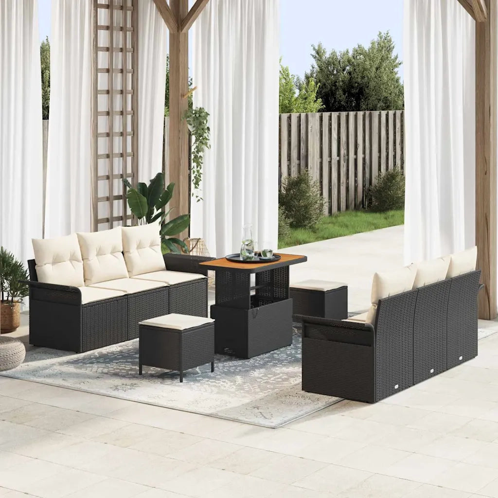 Set Divano da Giardino con cuscino 9 pcs Nero polyrattan