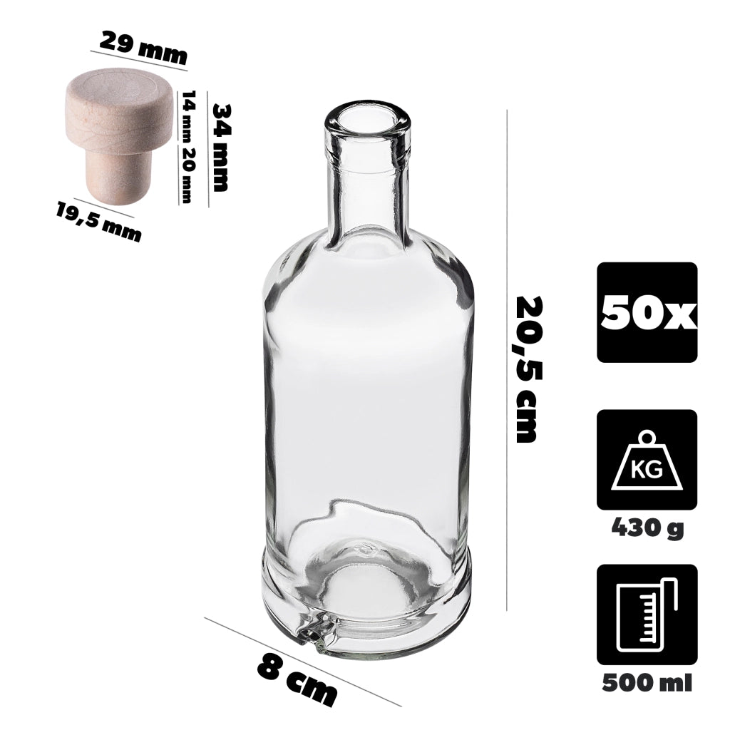 Bottiglie in vetro KADAX Tadek da 500 ml (0,5 l) per vino e liquori, confezione da 50 pezzi con tappo di sughero.