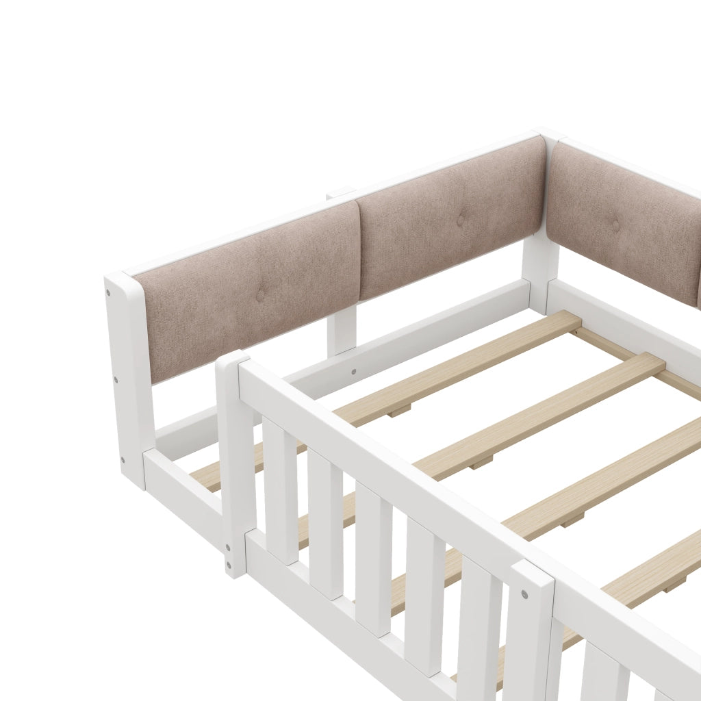 Letto per bambini 90×200 cm con testiera imbottita; LED e sponde di sicurezza; senza materasso; bianco