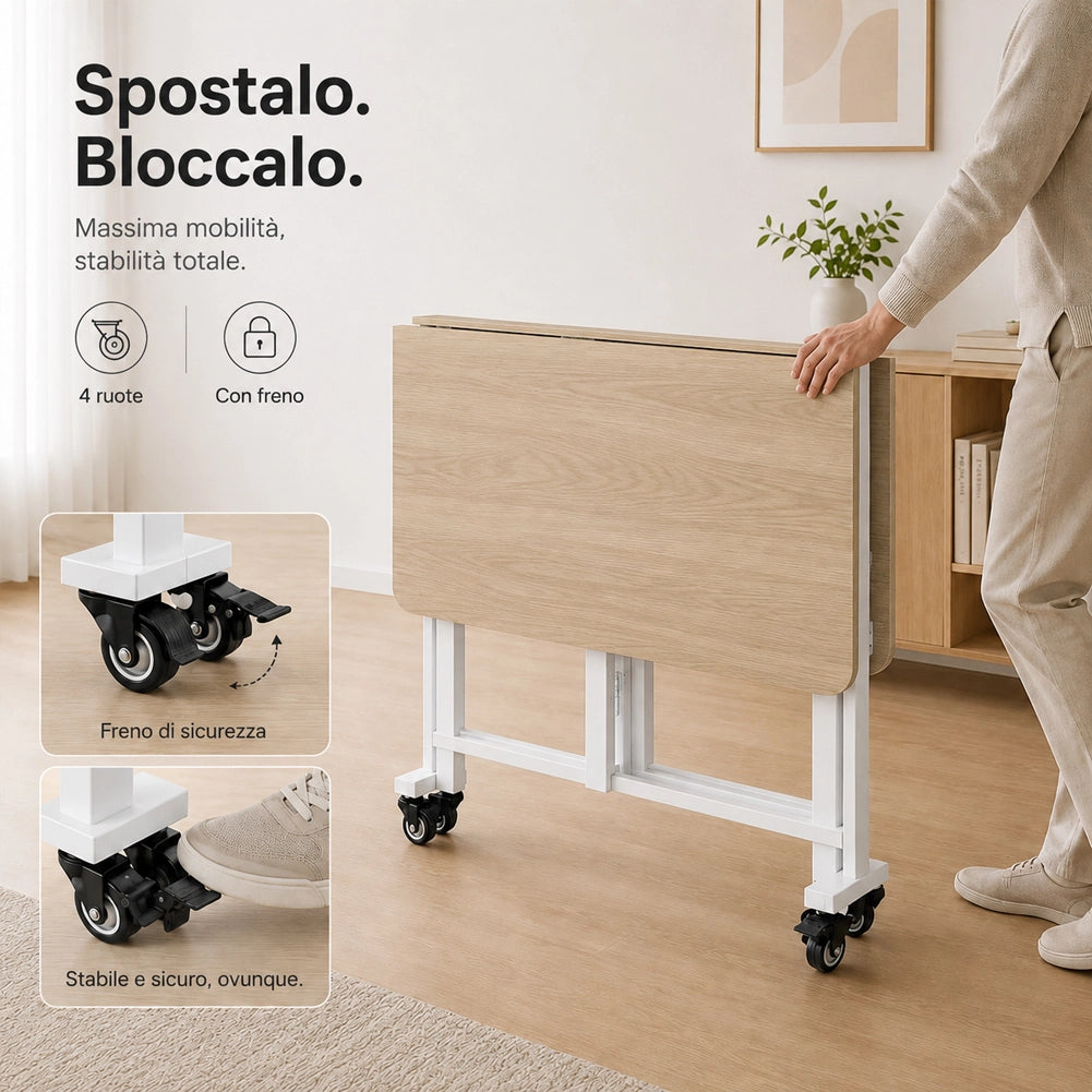 Tavolo Pieghevole da Pranzo Scrivania Multiuso con Ruote Quercia 120x80x75cm