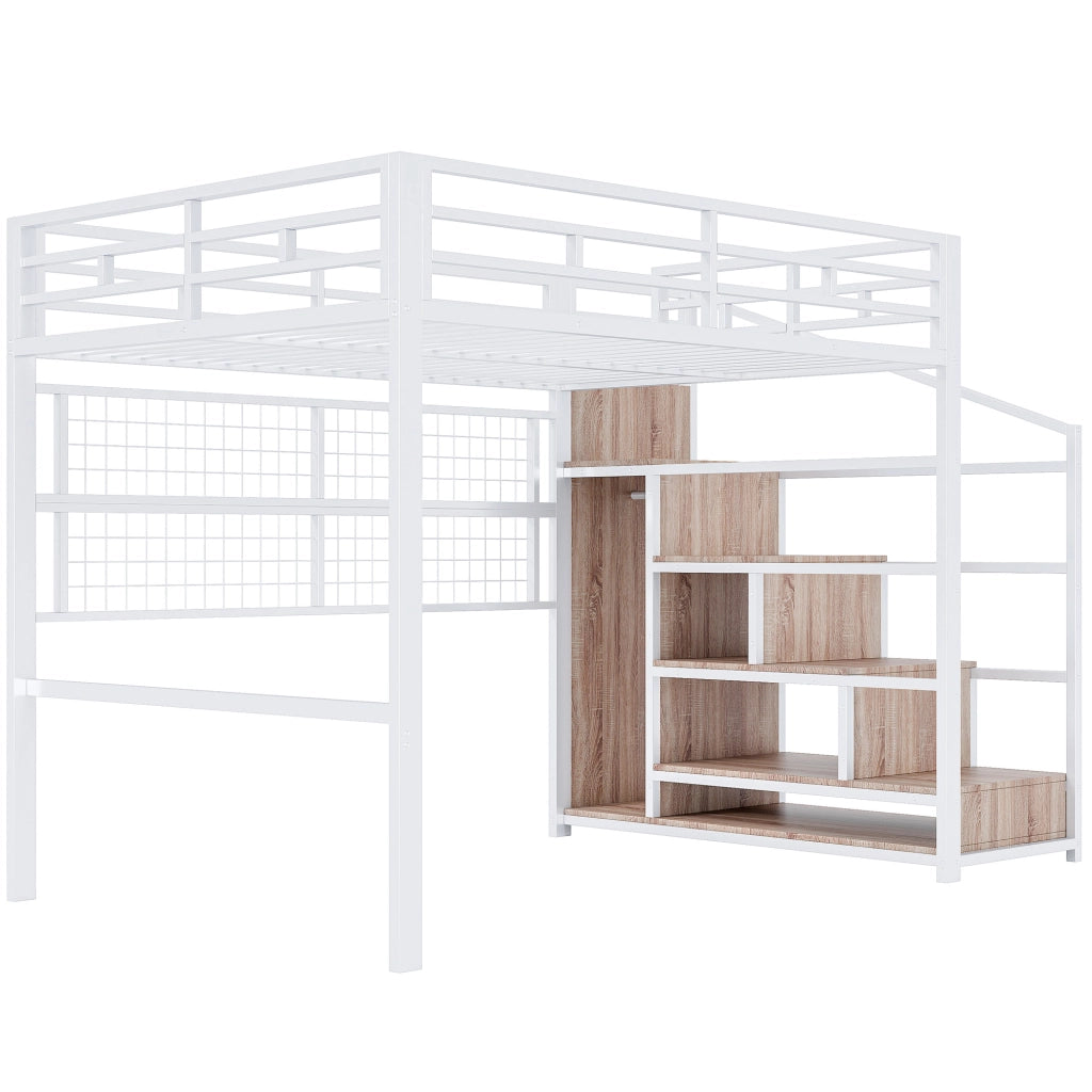 Letto a castello bianco in metallo con armadio e scala portaoggetti 140x200 cm