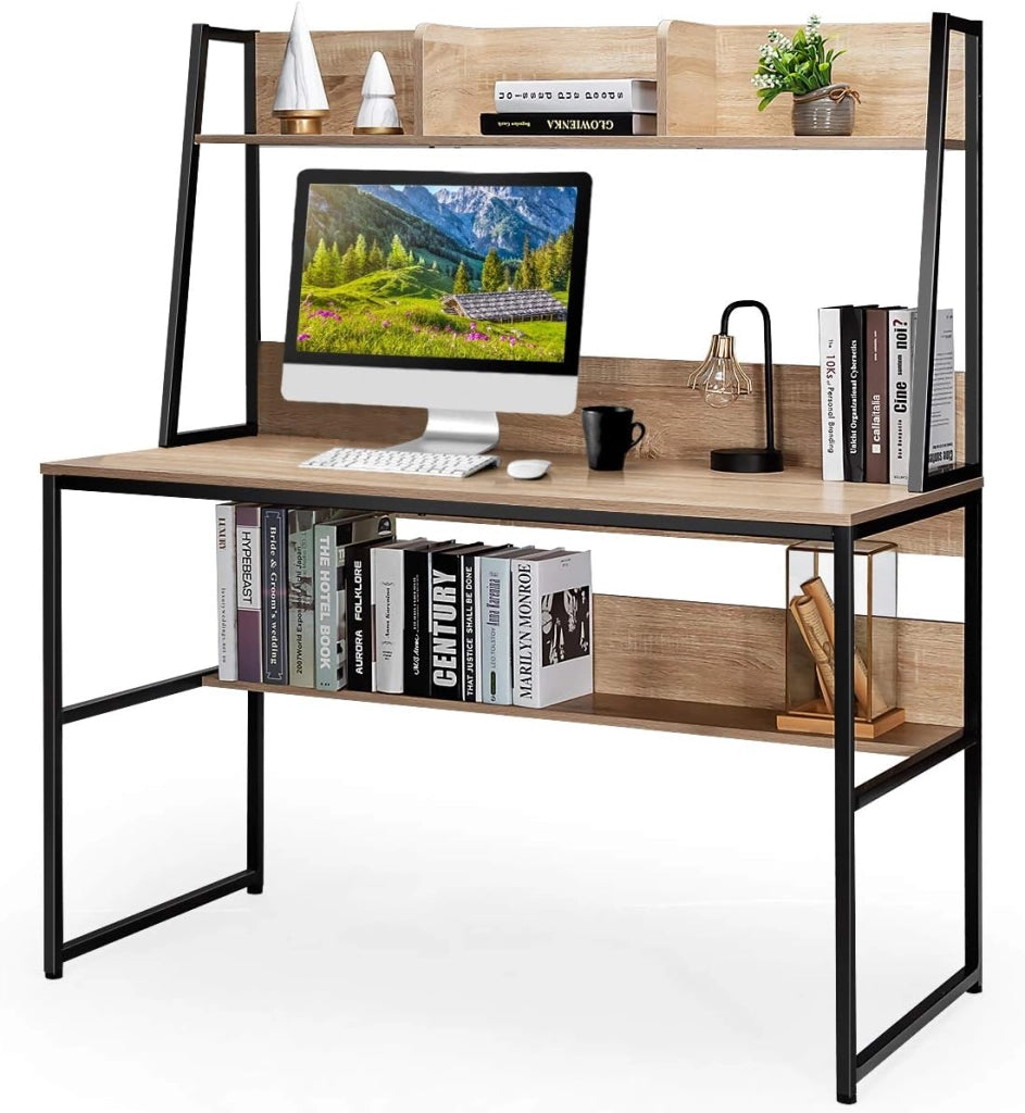 Scrivania per Computer, Tavolo da Lavoro con Libreria e 3 Scomparti, Piano Ampio e Piedini Regolabili, Postazione di Lavoro Salvaspazio per Ufficio, Studio e Casa, 120x57x140cm (Marrone)