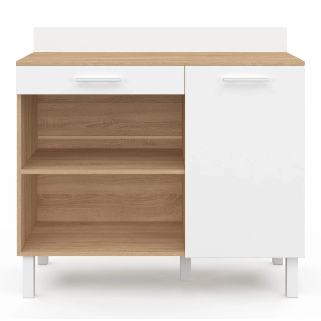 IDMarket - Credenza bassa 100 cm Piano di lavoro CINA H.83 cm 1 anta + 1 cassetto finitura faggio e bianco