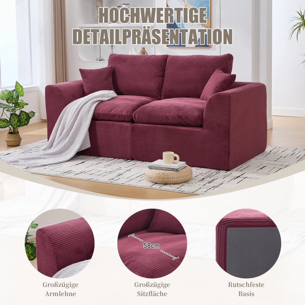 OKWISH Divano 2 Posti, Seduta Imbottita con Cuscini e Design Minimalista, Tessuto a Coste, Rosso Vino