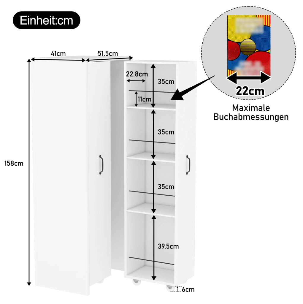 Libreria estraibile su ruote a 4 ripiani; MDF bianco; 51;5 x 41 x 158 cm