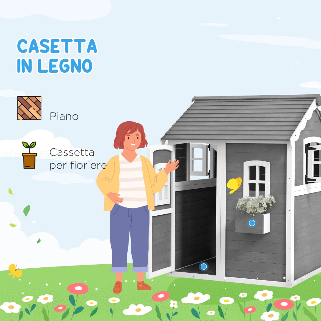 Casetta per Bambini 3-8 Anni con 6 Finestre e Fioriera, in Legno di Abete, 104.5x110x137 cm, Grigia
