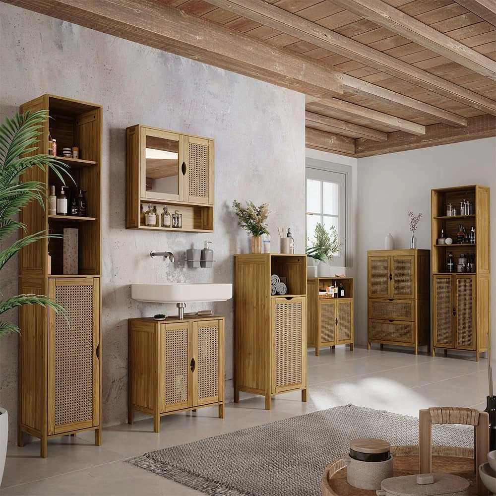 Mobiletto per lavabo Liora, Bambù, 48 x 60 cm, per la conservazione di articoli da bagno e asciugamani