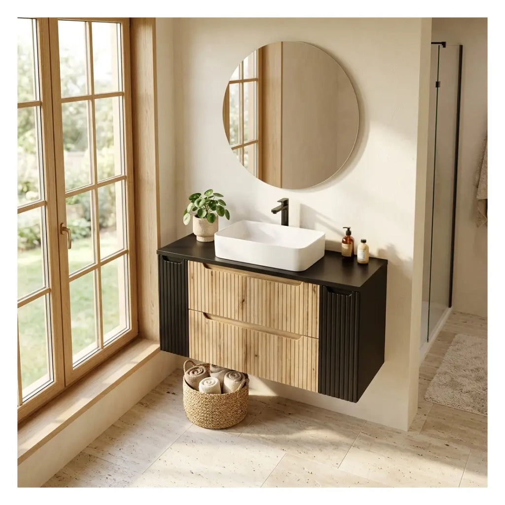 Set da bagno sospeso VANO in rovere chiaro e nero 120cm: mobile sotto lavabo con cassetti e armadietti + piano per lavabo
