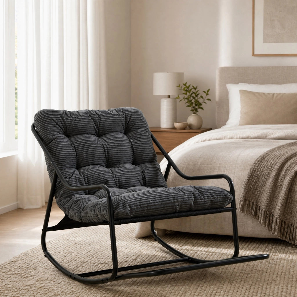 Sedia a dondolo da esterno con cuscino spesso 75x116x82 cm in acciaio; grigio con struttura nera