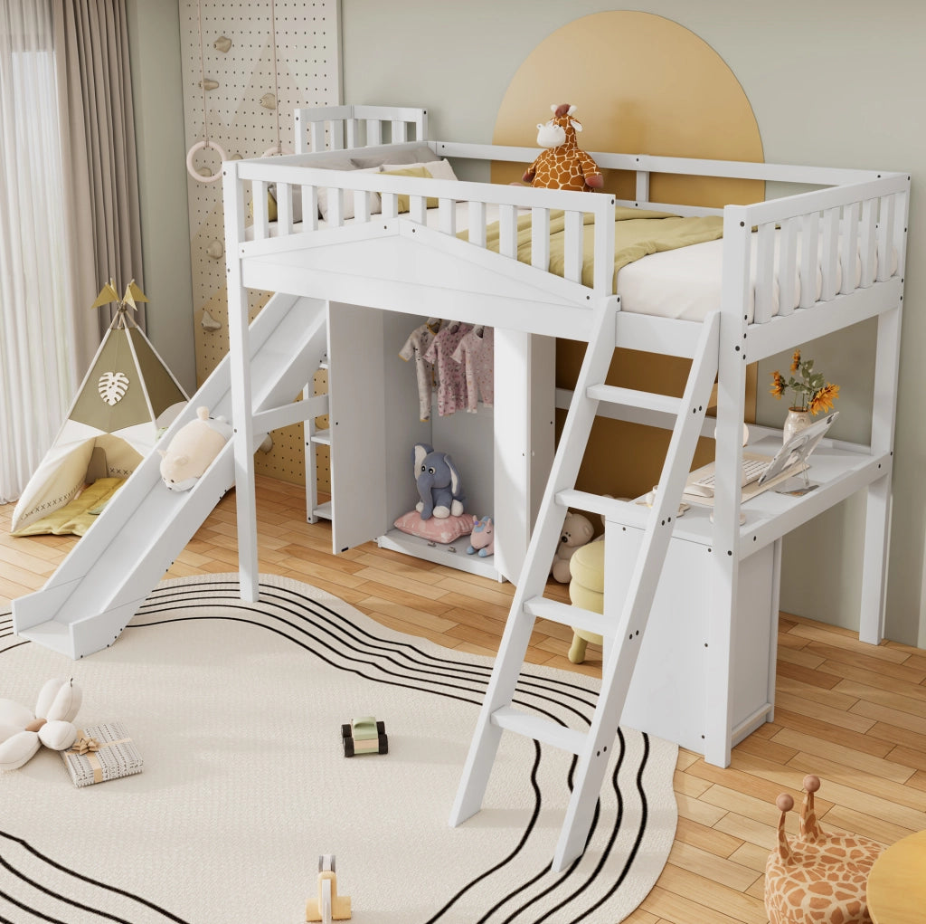 Letto a castello per bambini 90x200 cm con scivolo, scrivania e armadio