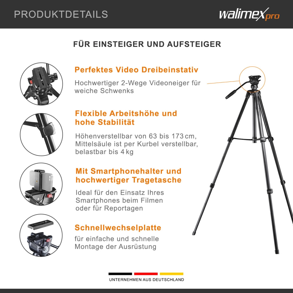 Treppiede video con supporto per smartphone e borsa I Avanzato 173cm, leggero e stabile I Panhead a 2 vie con funzione panoramica a 360° e pan lock I per fotocamere DSLR,