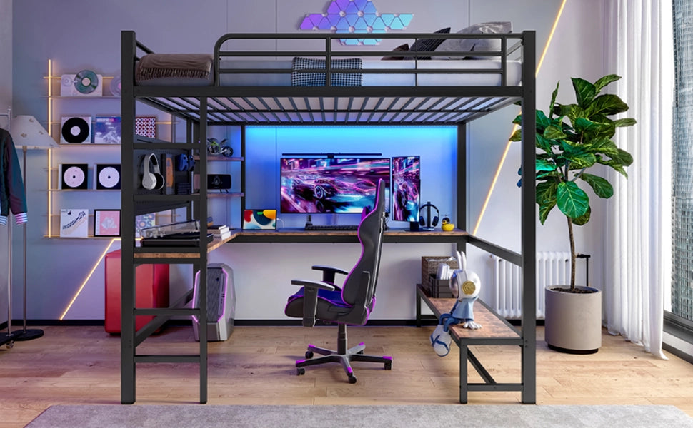 DESMIU Letto a soppalco 140 × 200 cm 2 posti con scrivania, ripiani, USB e Type-C, LED, senza materasso, nero