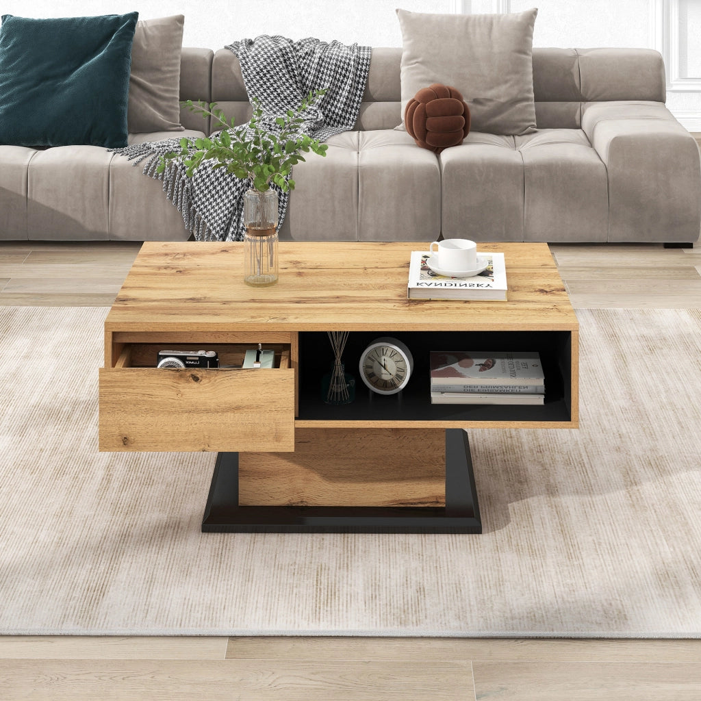 Tavolino da Caffè con 1 Cassetto senza Maniglia e 2 Vani Contenitore; Stile Moderno; in Pannelli; 100×60×47 cm; Naturale