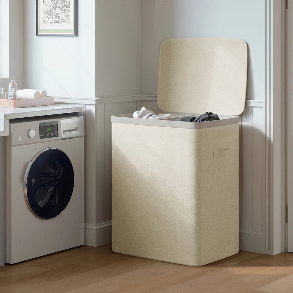 Cesto Portabiancheria Sporca con Divisorio Porta Biancheria Doppia Cesta Beige