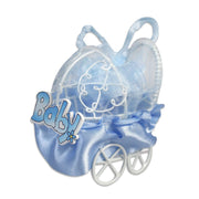 Trade Shop - Set Bomboniera Carrozzino In Metallo Portaconfetti Nascita Battesimo Bimbo Blu -