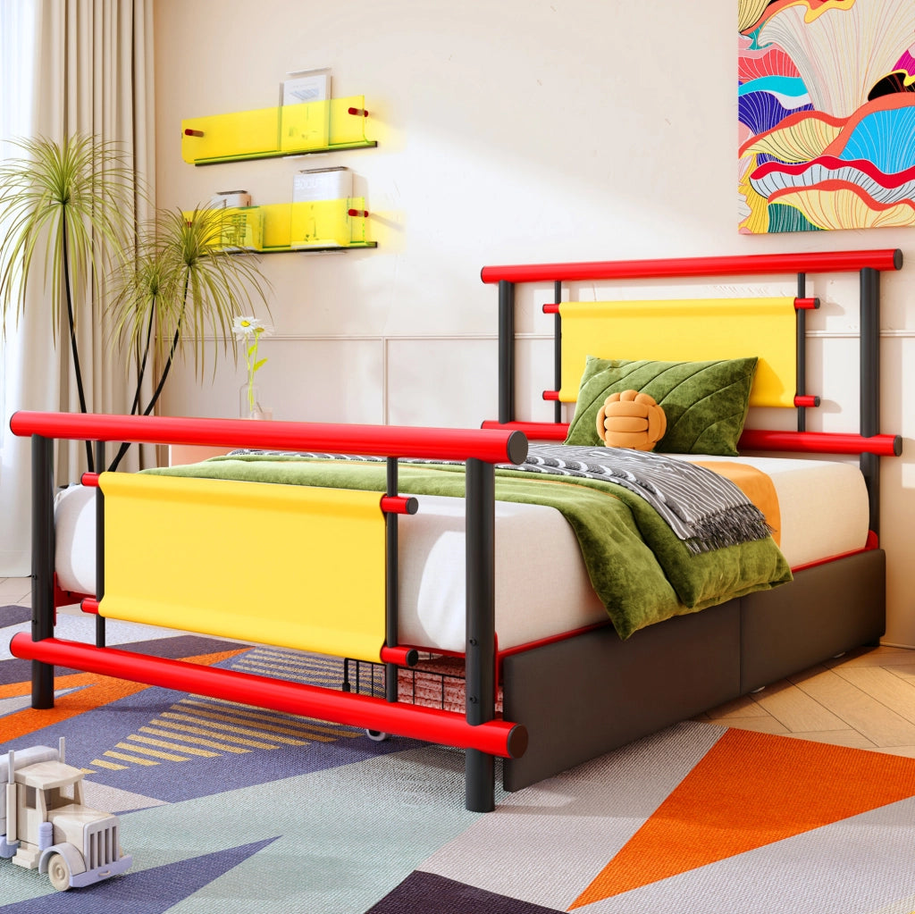 Letto singolo per bambini in metallo rosso 90x200 cm con cassetti