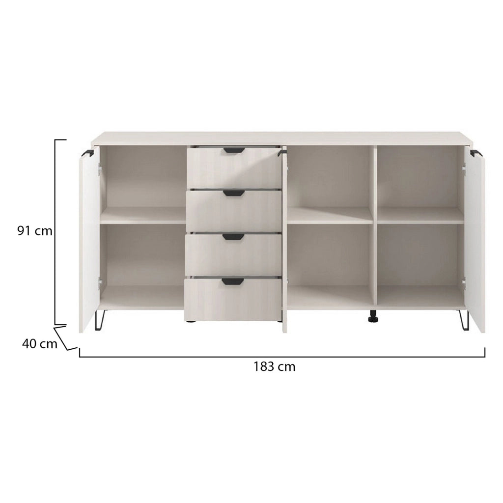 Madia Paglieta, Credenza 3 Ripiani, 182.5x40x90.5h cm Bianco Crema