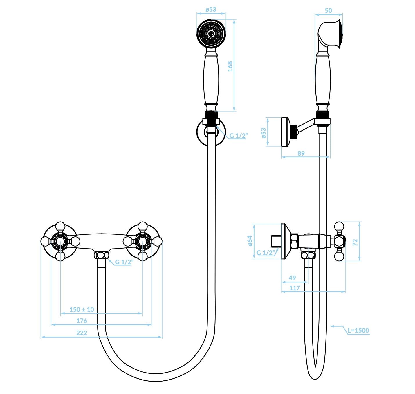 Rubinetto doccia a muro con supporto e doccetta, set bronzato