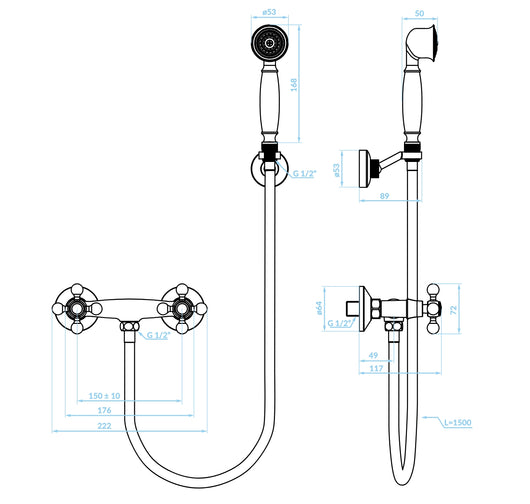 Rubinetto doccia a muro con supporto e doccetta, set bronzato