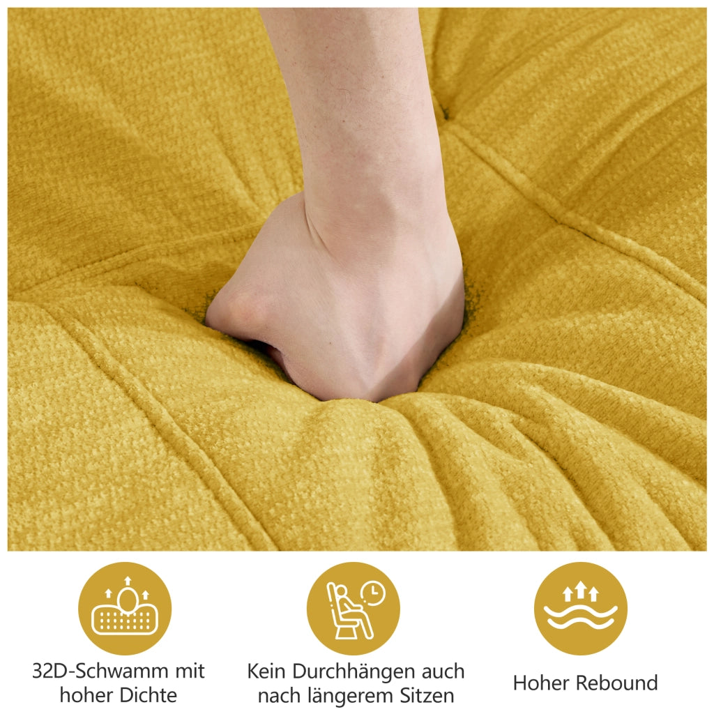 Divano modulare angolare 3 posti senza montaggio con seduta ergonomica in chenille gialla 264 × 160 × 68 cm
