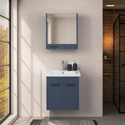 Mobile bagno sospeso 55 cm blu effetto legno con armadietto a specchio Sofia