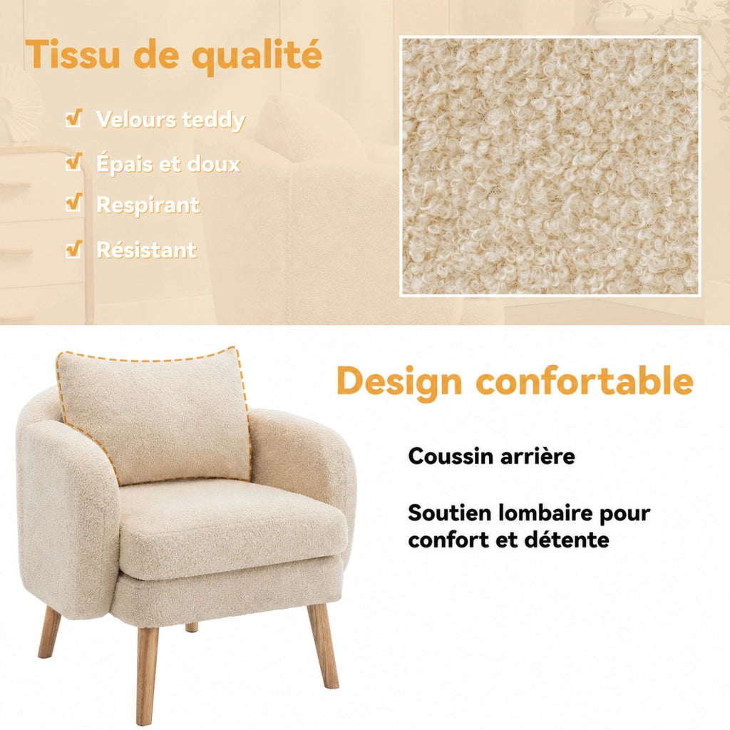Poltrona in tessuto teddy con cuscino schienale sfoderabile, seduta spessa e base in legno massello per relax beige