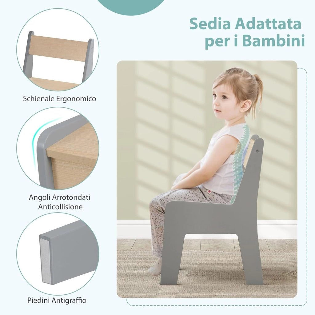 Set Tavolo e Sedia per Bambini 2 in 1, Set con Scrivania e Sedia in Legno per Bambini con Piano Rimovibile, Spazio di Archiviazione e Porta Rotolo di Carta per Aula e Cameretta (Grigio)