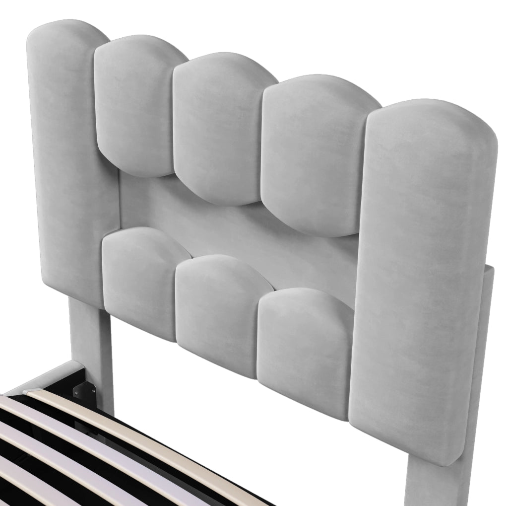 Letto imbottito 90 x 200 cm in velluto grigio con contenitore idraulico e luci LED