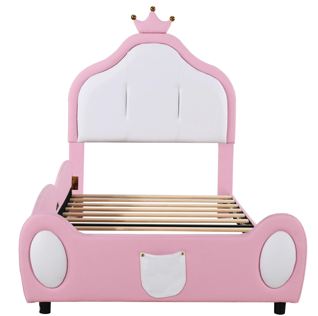 Letto imbottito 90x200 cm in similpelle bianco e rosa; testiera a corona