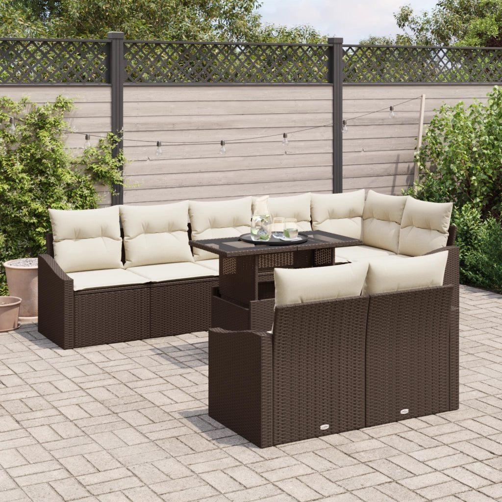 Set Divano da Giardino 9 Pezzi con Cuscini Marrone Rattan Poliestere