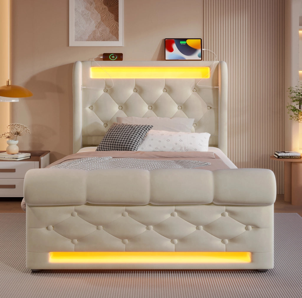 Letto singolo contenitore 90x200 cm in velluto beige con LED e USB-C