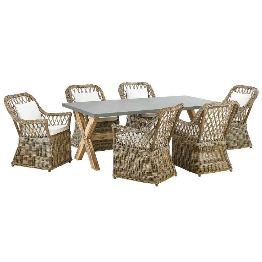 Set da pranzo da giardino Tavolo in cemento naturale 6 sedie in vimini in rattan con cuscini in cotone